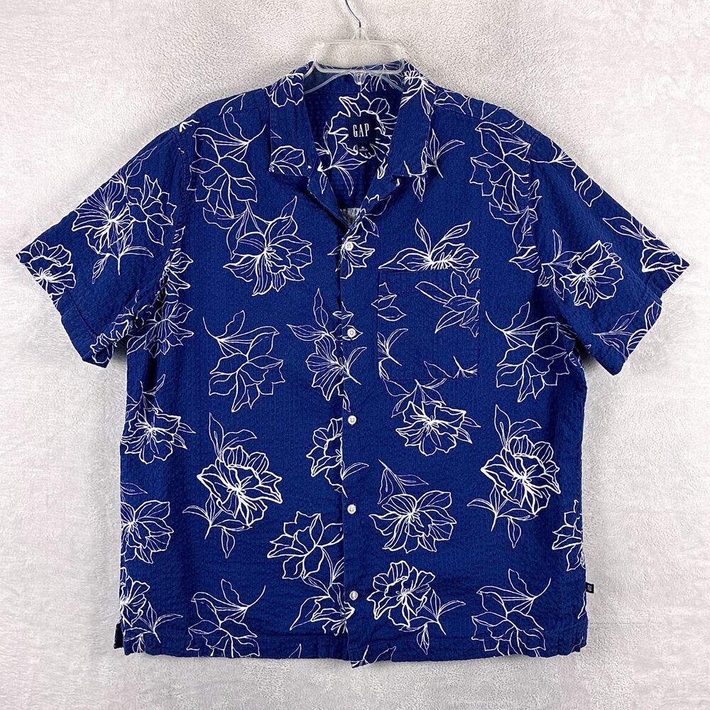 Gap Hawaiian Shirt Mens XL Blue Floral Seersucker Beach Surf Aloha Tiki Summer